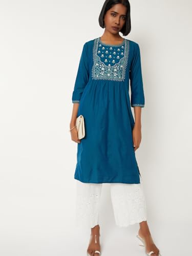 Max Women Embroidered Straight Kurta (Teal_XL)