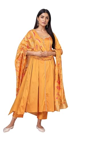 W for Woman Yellow Floral Print Embroidered Anarkali Jacquard Kurta with Straight Pant and Dupatta Set (WS13243-224277-XS)