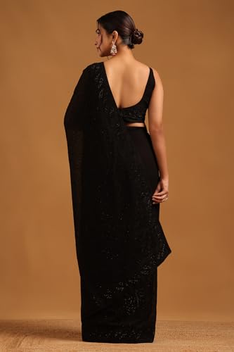 Soch Womens Black Georgette Botanical Saree With Stone Work