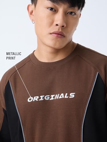 The Souled Store Brown Armour Men and Boys Short Sleeve Round Neck Brown Colourblock Casual Lightweight Drop Shoulder Streetwear Trendy Oversized T-Shirts