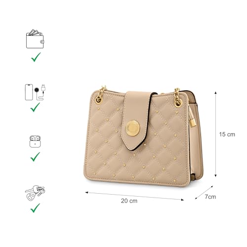 Chic Studded Quilted Sling Bag for Women | Crossbody with Zipper & Magnetic Button Closure, Metallic-Detail Strap & Utility Pocket | Stylish Everyday Shoulder Bag for College & Casual Outings