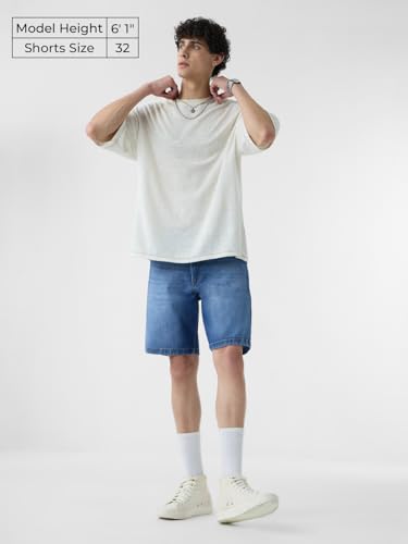 The Souled Store Denim Shorts: Midnight Blue Men and Boys Buttoned Solid Knee Length Cotton Blend Denim Shorts