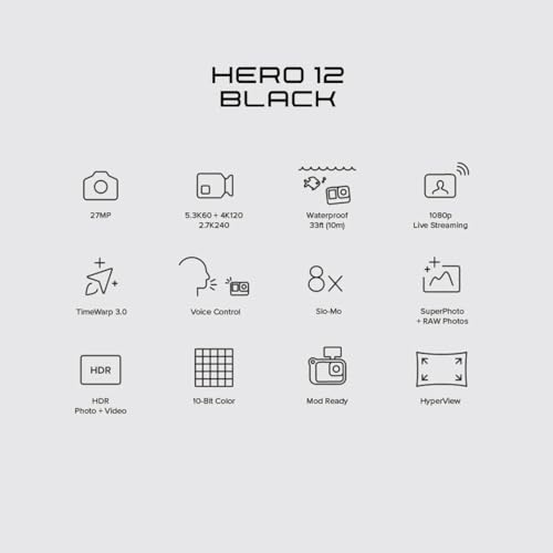 GoPro HERO12 Waterproof Action Camera with Front & Rear LCD Screens, 5.3K60 Ultra HD Video, HyperSmooth 6.0 + AutoBoost, Live Streaming with Enduro Battery (1-Yr International + 1-Yr India Warranty)