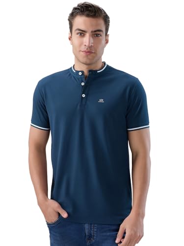 Status Quo Men's Solid Henley Neck Half Sleeves Regular Fit T-Shirt with Tipping Details | 67% Rayon 24% Nylon 9% Lycra | DK.Teal | 3XL