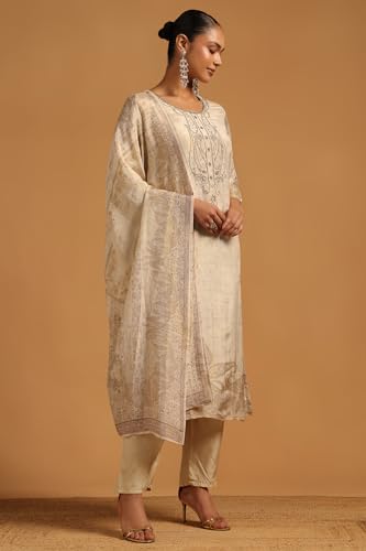Soch Womens Beige Russian Silk Botanical Salwar Suit With Beads And Stones