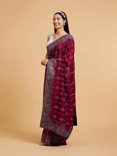 MOHEY Women's Art Silk Stone Work|Zari Saree(Wine)