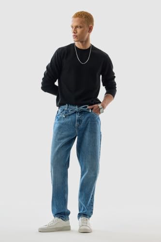 SNITCH Men's Clean Look Jeans | Casual Wear| College Street Wear Streetwear Style | Baggy Fit Button Blue