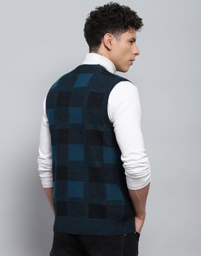 Monte Carlo Mens Self Design Navy Blue V Neck Sleeveless Sweater (1243243SL-2-40)