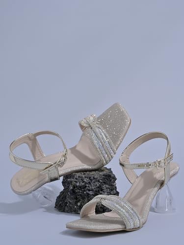 Shoetopia Embellished Rhinstone Golden Heeled Sandals For Women & Girls /EU37
