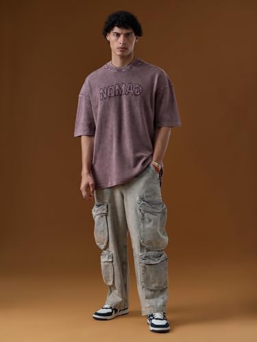 The Souled Store Nomad: Dusty Pink Men and Boys Short Sleeves Round Neck Embroidered Casual Drop Shoulder Streetwear Trendy Cotton Super Oversized T-Shirt