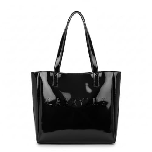 Carrylux Spacious Tote Bag For Womens Handbag Ladies Purses, With Zip Closure Shining Synthetic Leather (Black)