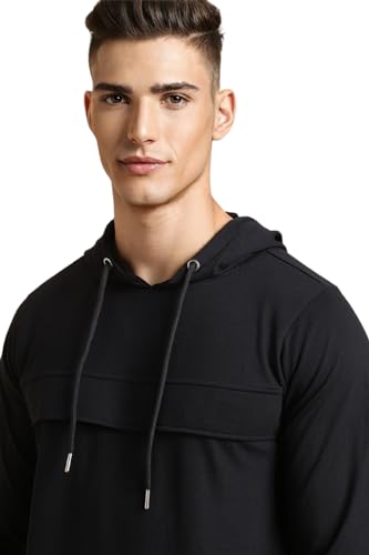 FOREVER 21 Men's Cotton Blend Hooded Neck Sweatshirt (FMA23CATF0005_Black