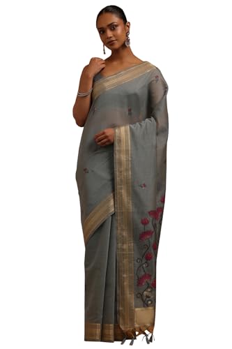 Soch Womens Blue Chanderi Floral Woven Design Saree