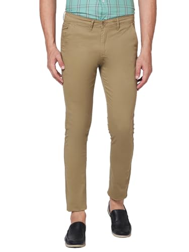 Giordano Mens Solid Cotton Mid Rise Button Closure Regular Length 4 Pockets Slim Fit Chinos Khaki