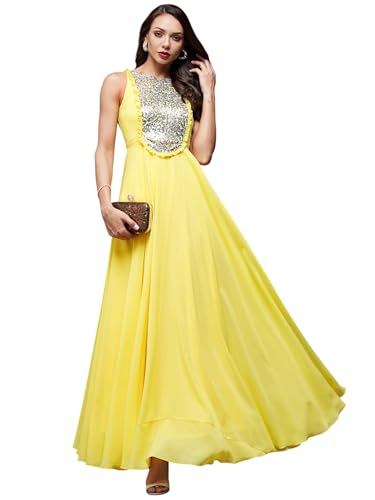 Miss Chase Women's Round Neck Sleeveless Embellished Frilled Georgette Maxi Dress (MCAW22D99-88-EFE-06, Carmine Yellow, XL)