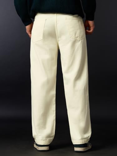 The Souled Store Pleated Denim: Polar Ice Men and Boys Zip Fly Cream Solid Cotton Twill Straight Fit Breathable Front Pleated Lightweight Everyday Denim Jeans