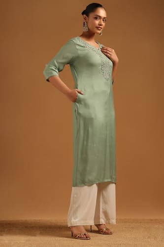 Soch Womens Sap Green Muslin Floral Kurta with Machine Embroidery and Cutdana Details