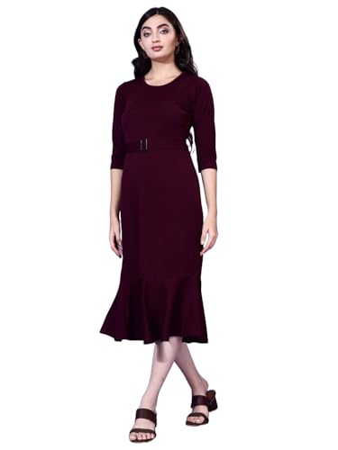 Attire Empire Women Solid Drop-Waist Midi Dress Maroon