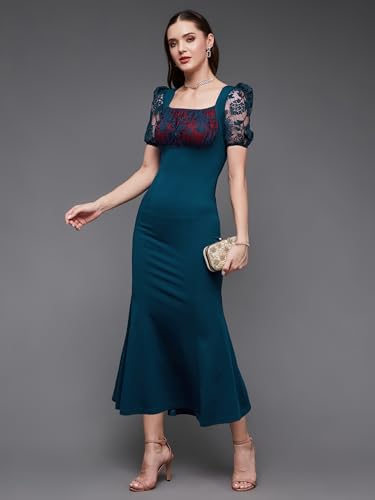 Miss Chase Women's Square Neck Short Puff Sleeve Self Design Lace Overlaid Bodycon Maxi Dress (MCSS22D13-48-83-03, Teal, S)