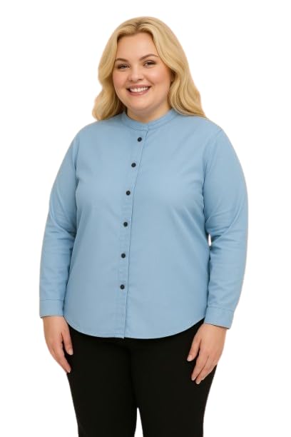 Wingzss Plus Size Light Blue Button-Down Crop Top, Women's Casual Short Sleeve Blouse, Office Wear (in, Alpha, 3XL)