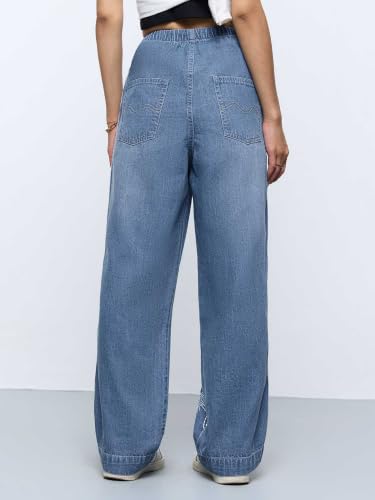 The Souled Store Pull-On Denim: Sunshine Women and Girls Drawstring Waist Blue Light Wash Cotton Straight Fit Embroidered Motif Lightweight Everyday Casual Denim Jeans