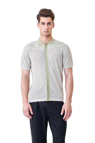 SNITCH Men's Luxe Shirt | Breathable Perforated Design with Intricate Embroidery | 100% Cotton Polo Collar Casual Wear | Lightweight & Stylish Summer Fashion | Light Green