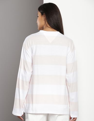 Tommy Hilfiger White-Pink Cotton Solid Round Neck Full Sleeves Relaxed Fit Women T-Shirt (F23JWKT106) Size-L