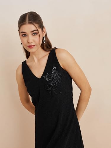 Latin Quarters Women's Black V-Neck Sleeveless Solid Party Fit & Flare Dress_S