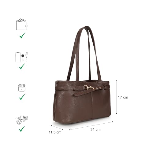 Fastrack Gilded Lock Brown Shoulder Bag | Pebbled Faux Leather Handbag with Swivel Clasp Front | Spacious Zip Closure Bag with Organizer Pockets & Dual Handles