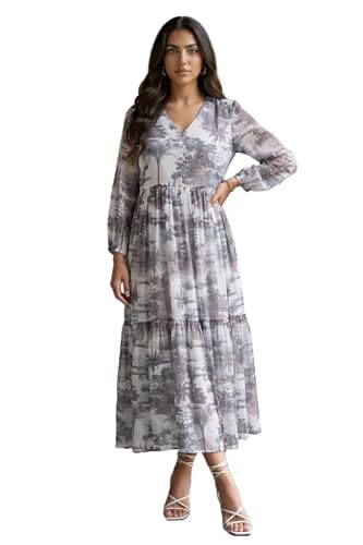 W for Woman Grey Floral Printed Silver Chiffon Flared Dress - (W14083-127343-3XL)