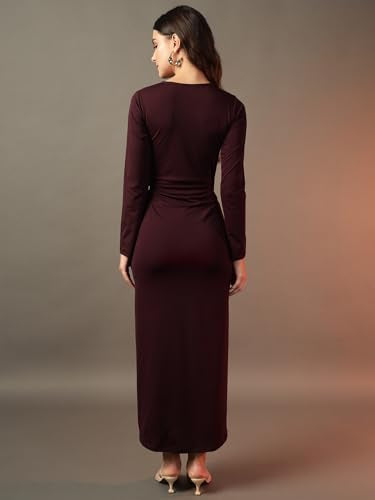Trend Arrest.ed Women's Bodycon Midi Dress | Square Neck Wrap Style | Stretchable | Plus Size | Full Sleeve Fitted Dress for Party, Evening, Casual Outings & Date Night (D5393_Burgundy_4XL)