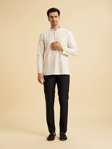 Manyavar Men's Art Silk Printed Regular Fit Casual Short Kurta (White,XXL)
