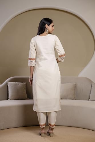 NIVANA Chikankari & Embroidered Kurta with Pant & Floral Printed Dupatta | M | Cream | V-Neck | 3/4 Sleeves