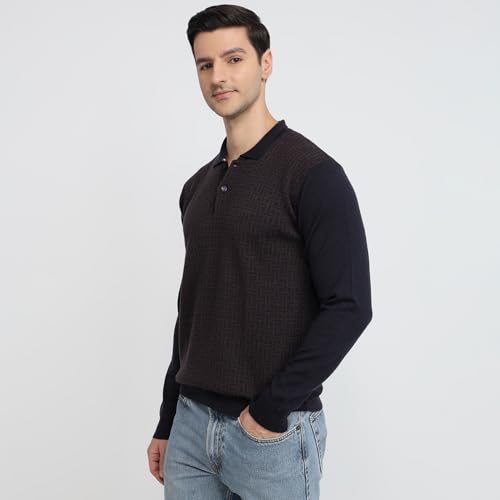 Raymond Men Contemporary Fit Structure Pattern Merino Wool Acrylic Blend Polo Neck Full Sleeve Casual Sweater Blue