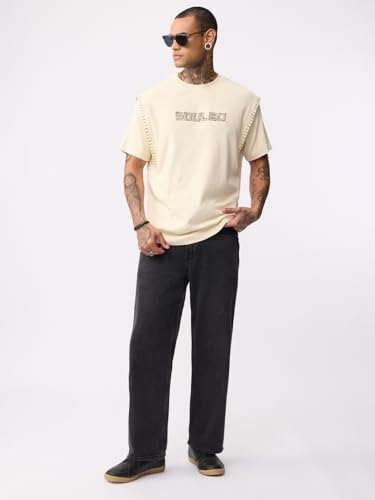 The Souled Store Oversized T-Shirt Oyster Men and Boys Short Sleeves Round Neck Off White Embroidered Shoulder Panel Casual Lightweight Drop Shoulder Streetwear Trendy Oversized T-Shirts