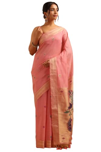Soch Womens Pink Chanderi Bird Motifs Zari Woven Saree With Tassel