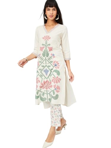 Max Women Floral Print Straight Kurta Set (Off White_XL)