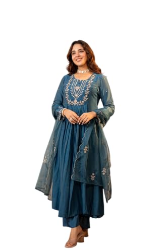 VARNI FABRICS: A lady's First Love Women's Chanderi Silk Embroidered Anarkali Kurta With Pant And Dupatta Set,Ethnic Wear (IN, Alpha, M, Regular, Blue)