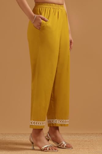 Soch Womens Mustard Cotton Embroidered Botanical Sequence Work Kurta Set