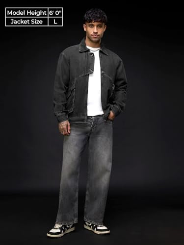 The Souled Store Denim Jacket: Midnight Men and Boys Full Sleeves Spread Collar Black Solid Cotton Spandex Regular Fit Lightweight Everyday Denim Jacket