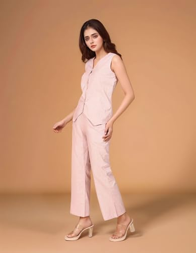 Fashfun Women's Solid Waist-Coat Co-ord Set Pink