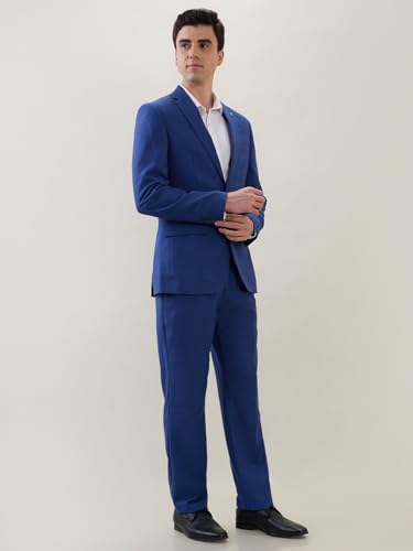 Raymond Men Contemporary Fit Solid Pattern Poly Wool Blend Notch Lapel Full Sleeve Formal Suit Blue