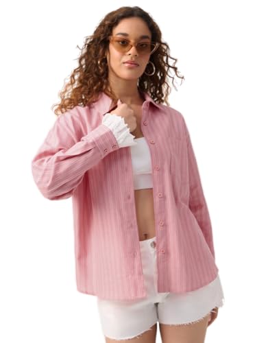 The Souled Store Statement Shirt: Angel Eyes Women and Girls Full Sleeves Spread Collar Pink Striped Cotton Oversized Fit Embroidered Back Lightweight All-Season Shirt