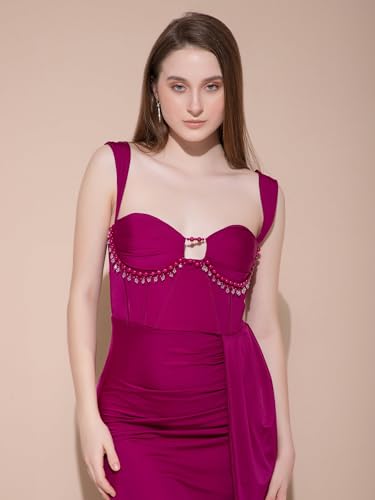 Tomber Amoureux Women’s XS Slim Maxi | Magenta Nylon Lycra Fabric | V-Neck | Solid Sleeveless Design