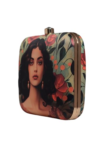 Artklim Green Based Portrait of Indian Women Printed Clutch Bag for Women with Detachable Strap