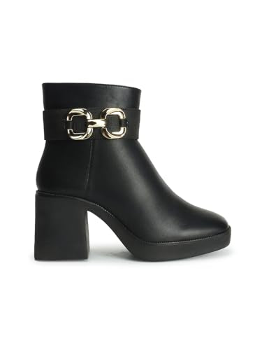 ELLE Women Block-Heel Ankle Boots with Chain Detail