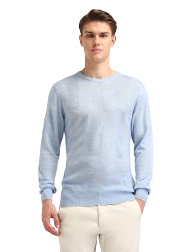 Arrow Mens Blue Self-Design Crew Neck Long SleeveCasual CottonRegular Fit Sweater (ARAISW4030_Blue_M)