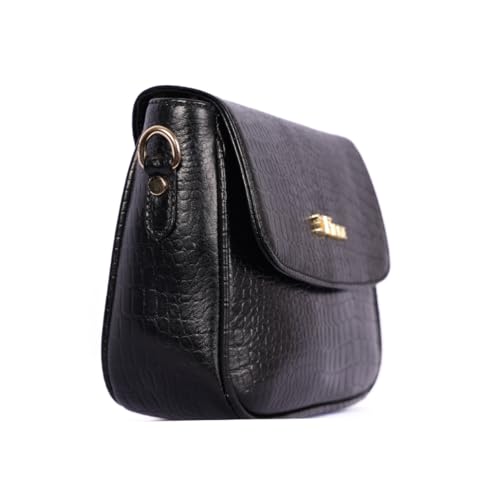 Firme Croco Women's Leather Sling Bag | Sling Bag for Women | Lightweight | Black