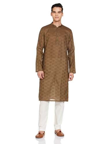 Manyavar Walnut Cotton Self Design Casual Kurta Set for Men