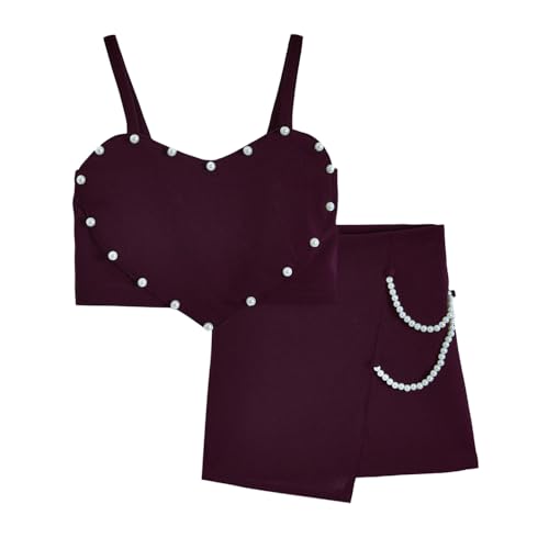 Hopscotch Girls Sleeveless Maroon 2-Pc Burgundy Pearl Accent Skirt Set (7-8 Years)